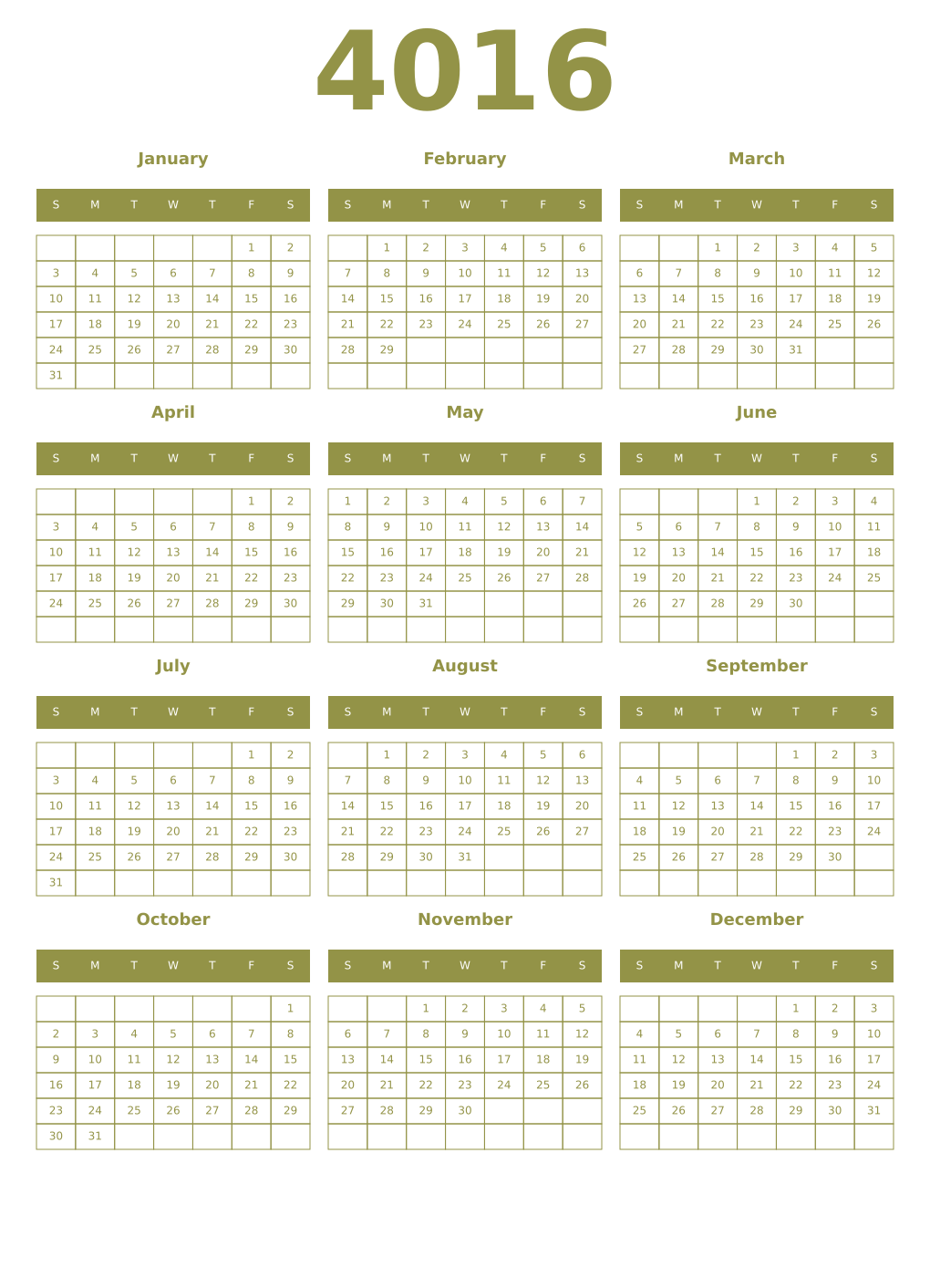 Printable 4016 Year Calendars eburnean
