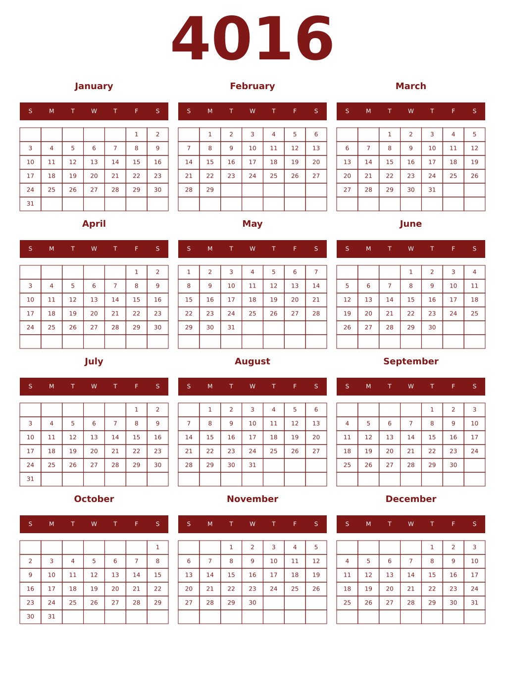 Printable 4016 Year Calendars falu