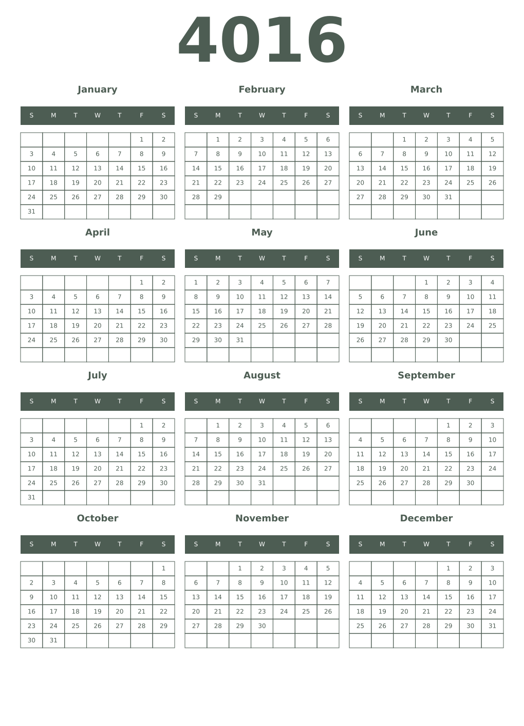 Printable 4016 Year Calendars feldgrau