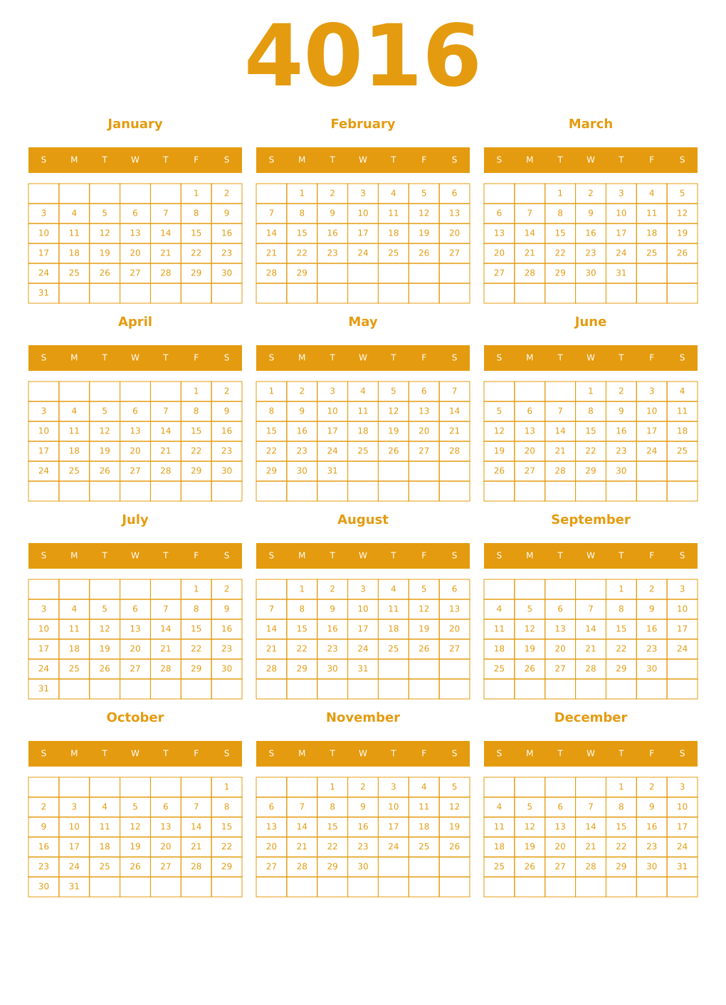 Printable 4016 Year Calendars gamboge