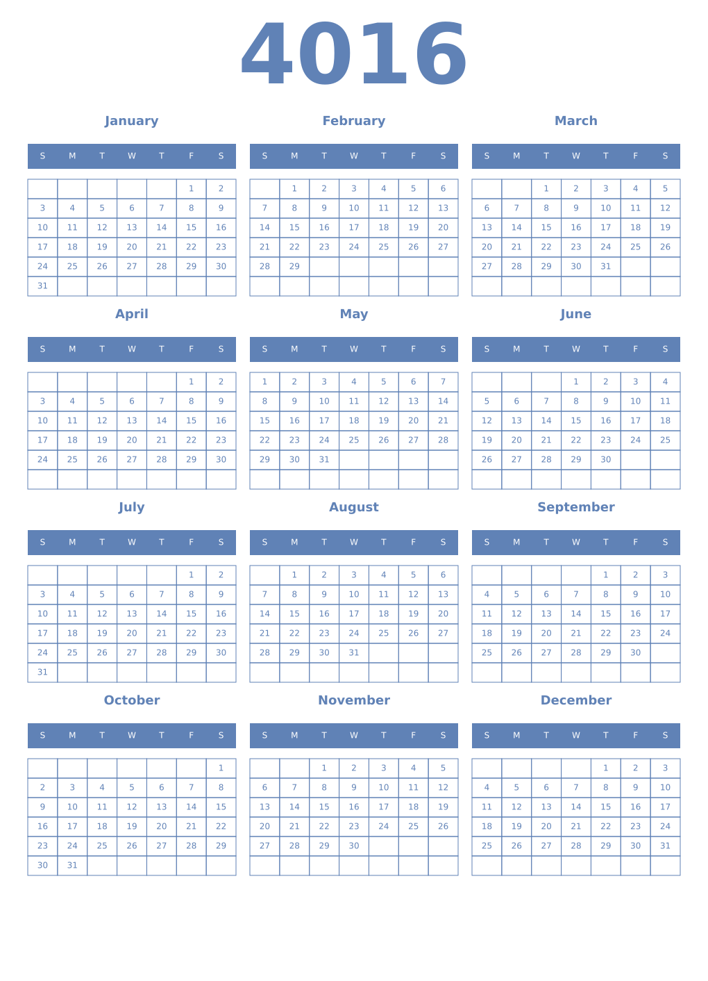 Printable 4016 Year Calendars glaucous