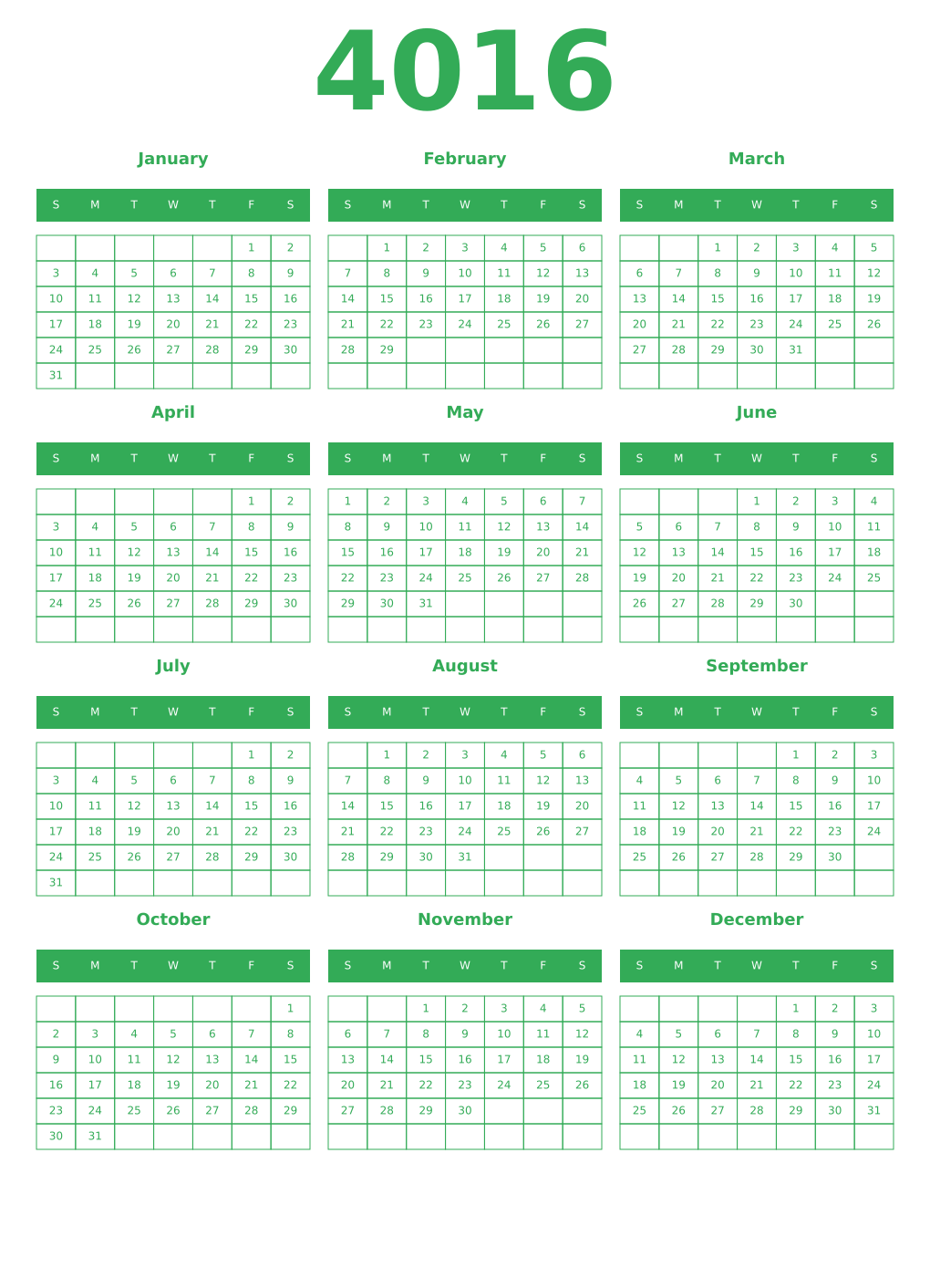 Printable 4016 Year Calendars green