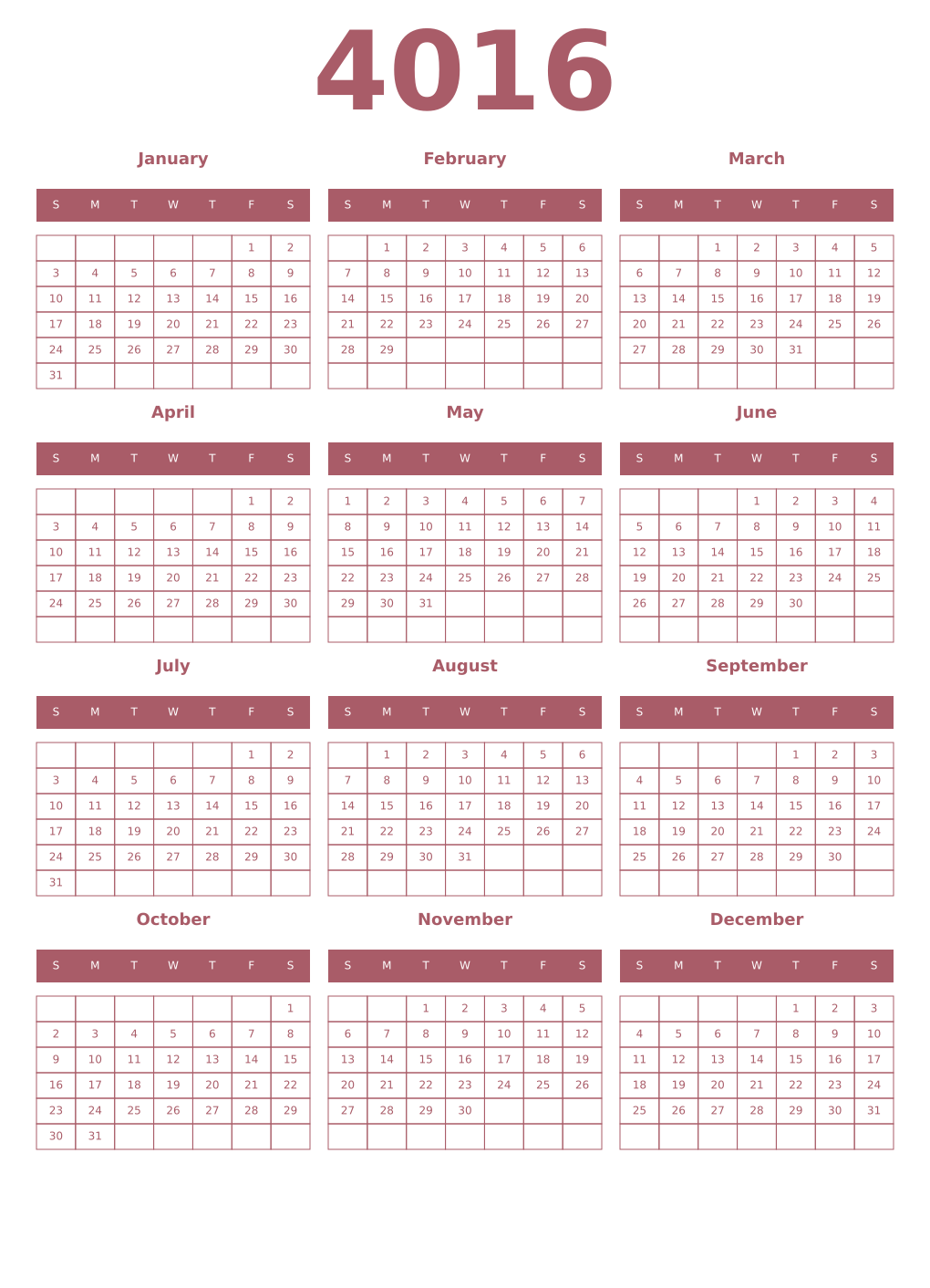 Printable 4016 Year Calendars puce
