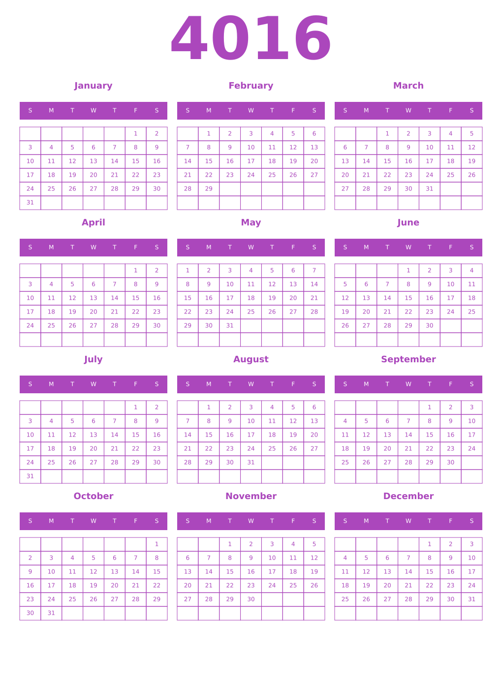 Printable 4016 Year Calendars purple