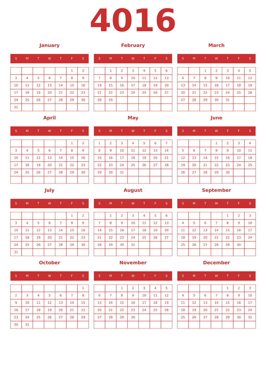 Printable 4016 Year Calendars red