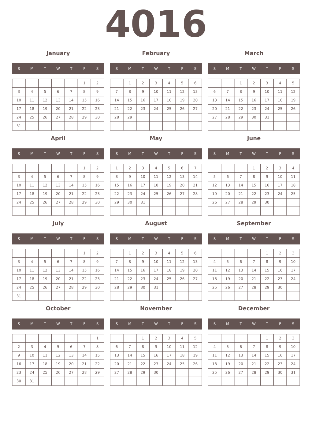 Printable 4016 Year Calendars wenge