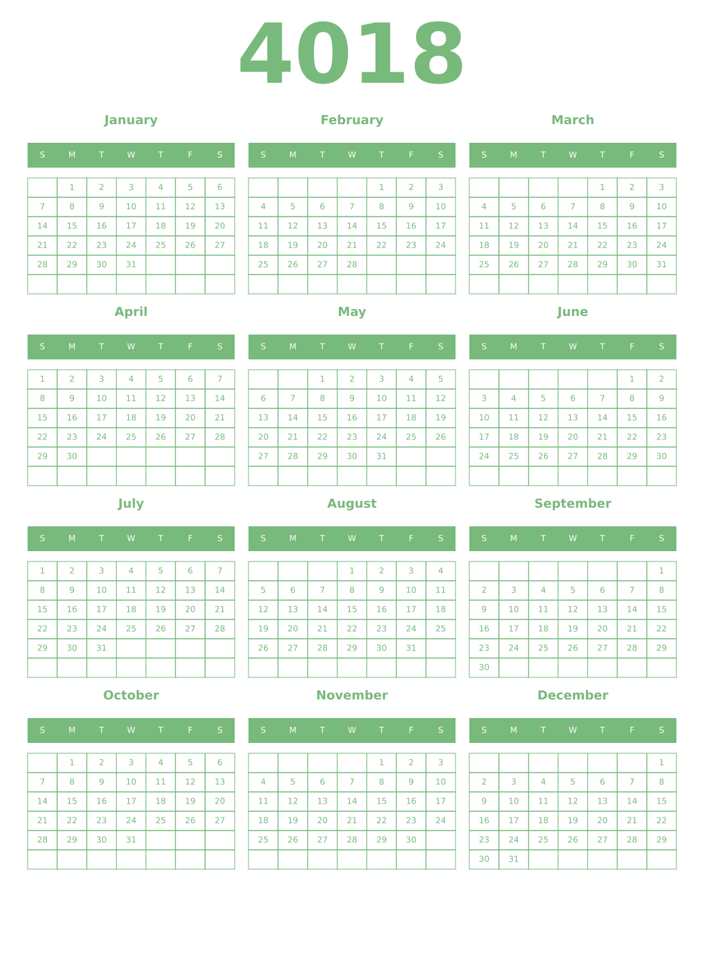 Printable 4018 Year Calendars celadon