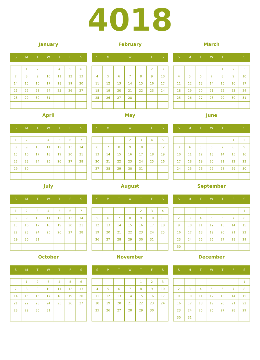 Printable 4018 Year Calendars chartreuse