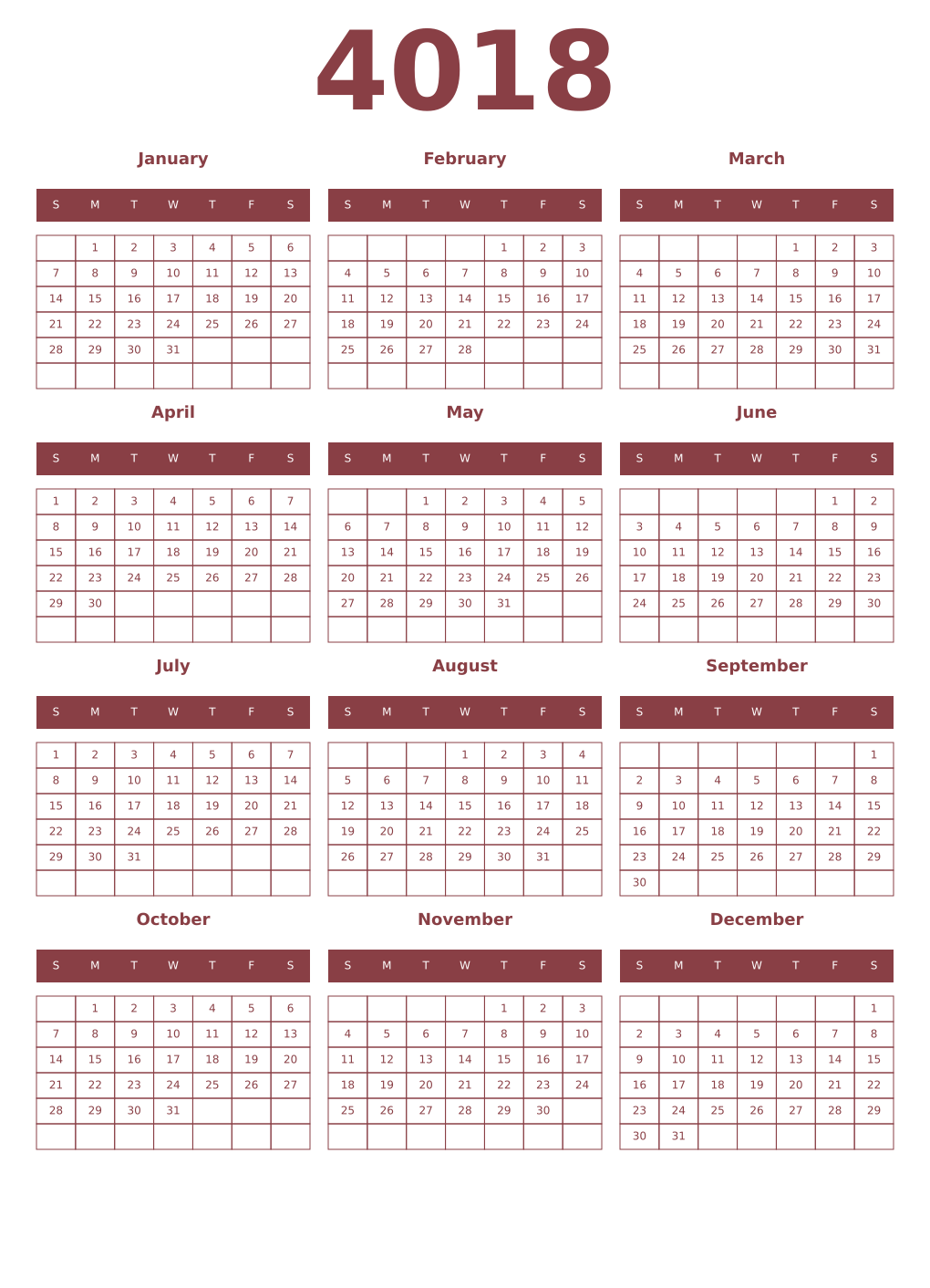 Printable 4018 Year Calendars cordovan