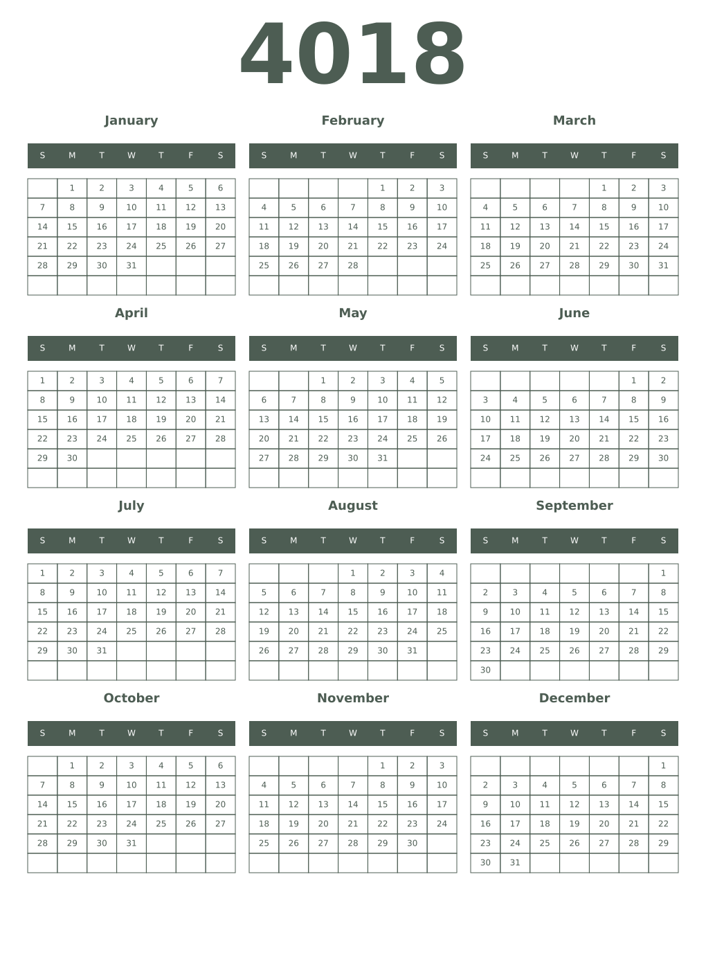 Printable 4018 Year Calendars feldgrau