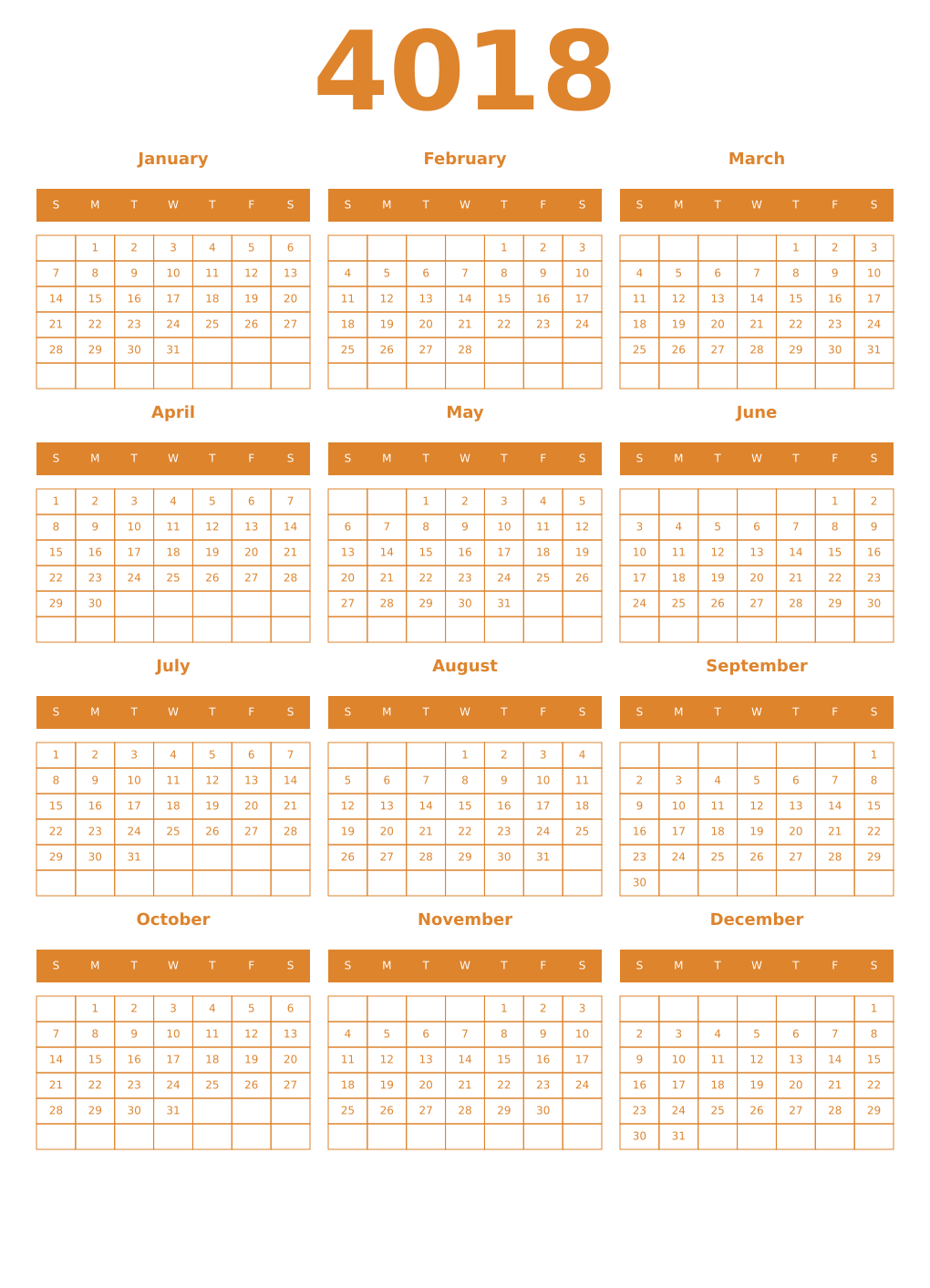 Printable 4018 Year Calendars orange