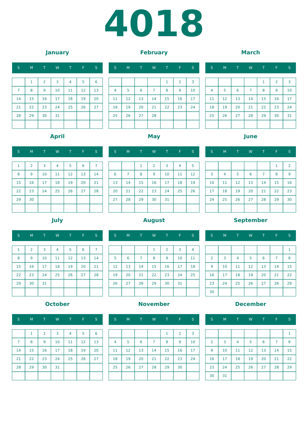 Printable 4018 Year Calendars pastel