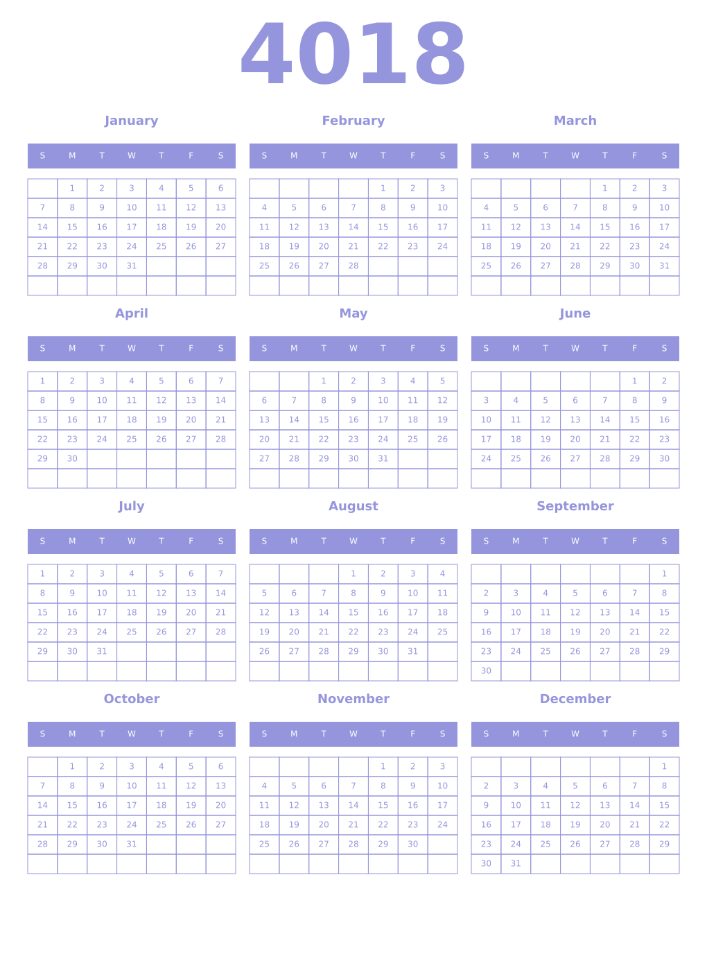 Printable 4018 Year Calendars periwinkle