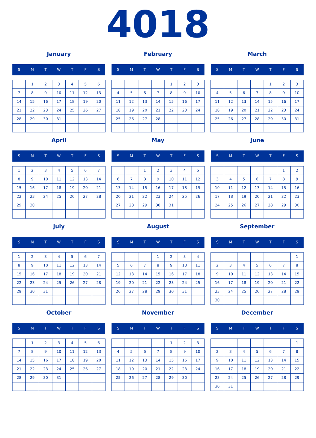 Printable 4018 Year Calendars smalt