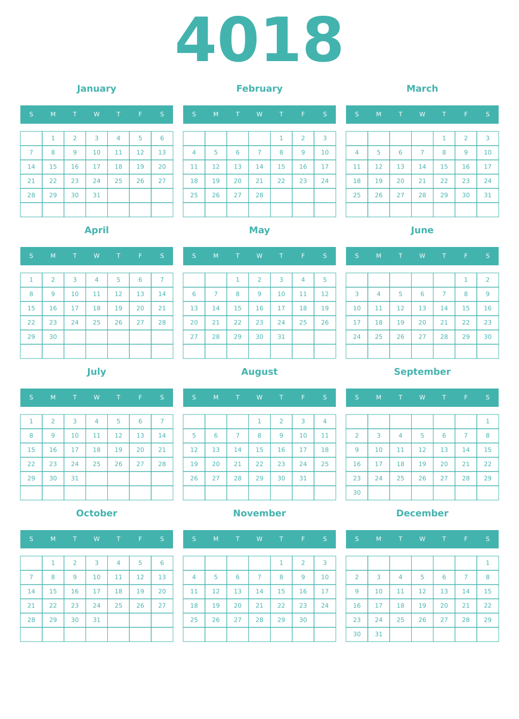 Printable 4018 Year Calendars verdigris