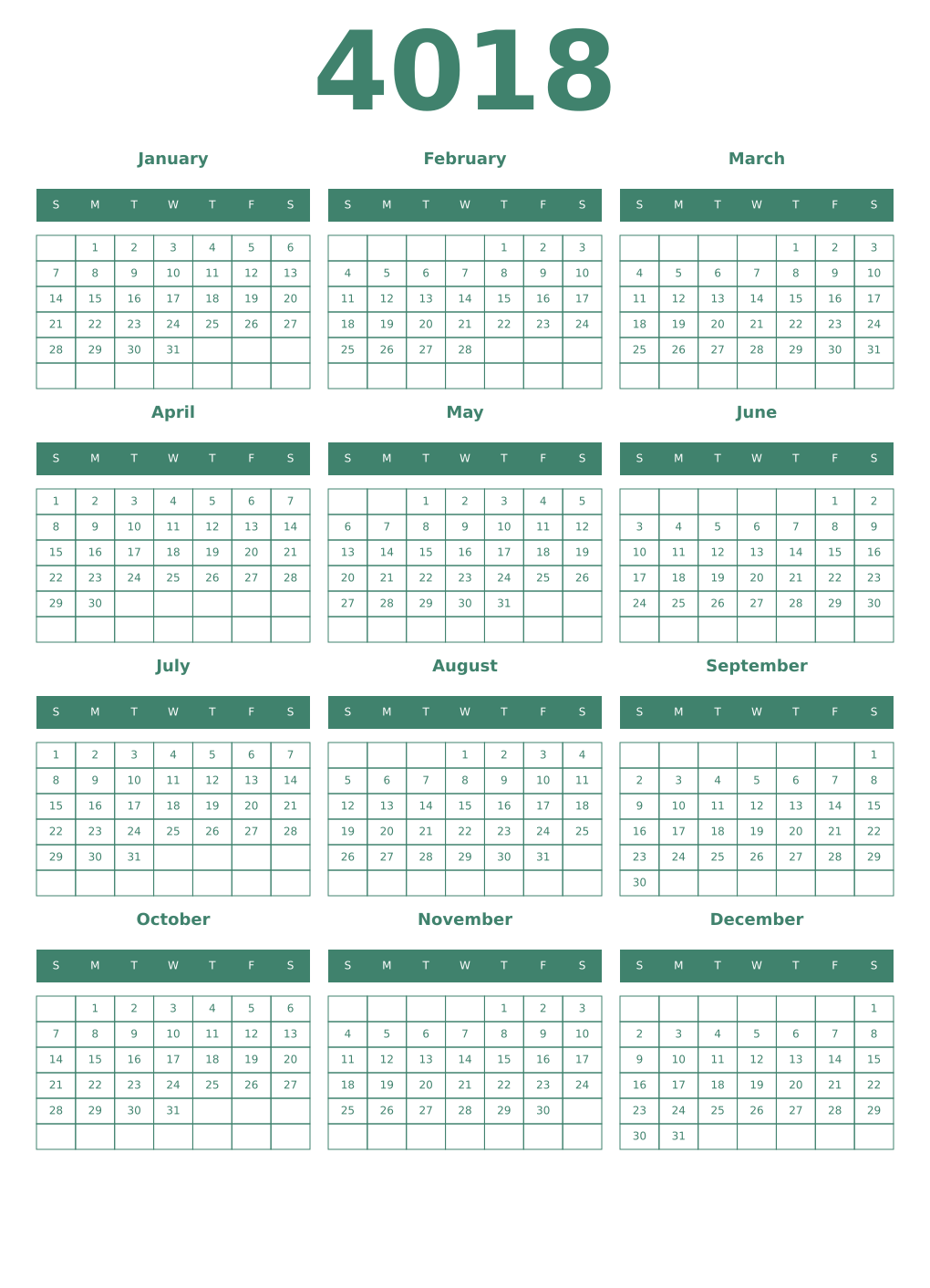 Printable 4018 Year Calendars viridian