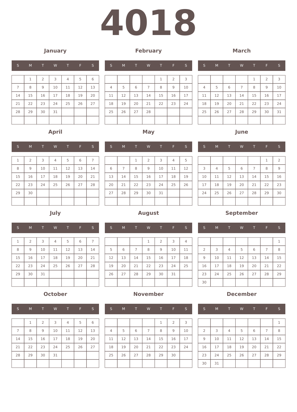 Printable 4018 Year Calendars wenge
