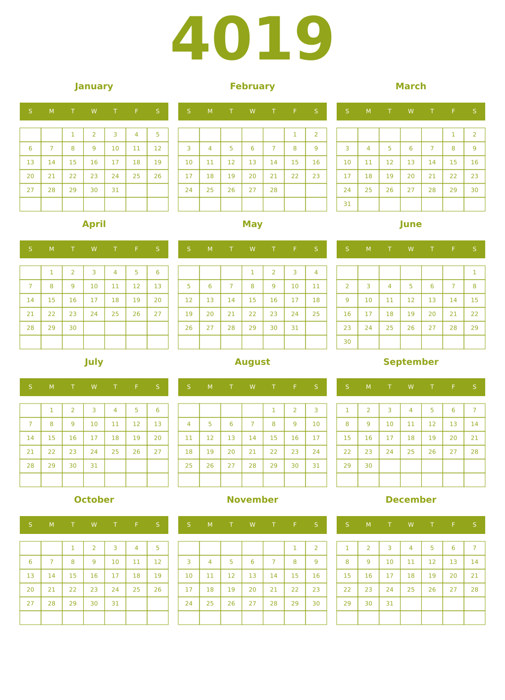 Printable 4019 Year Calendars chartreuse
