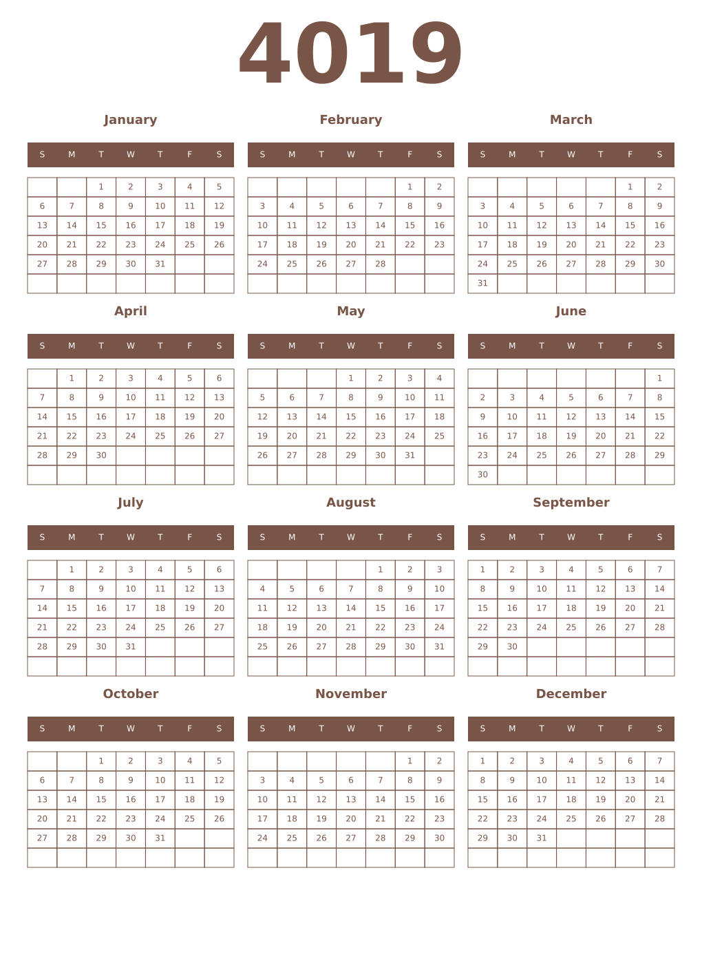 Printable 4019 Year Calendars coffe