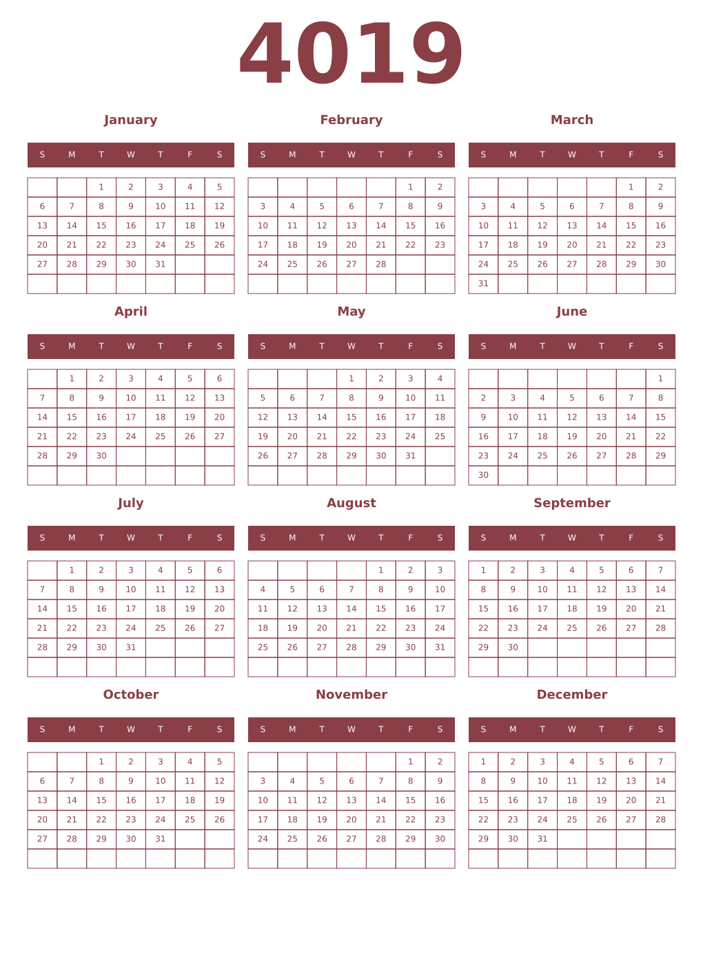 Printable 4019 Year Calendars cordovan