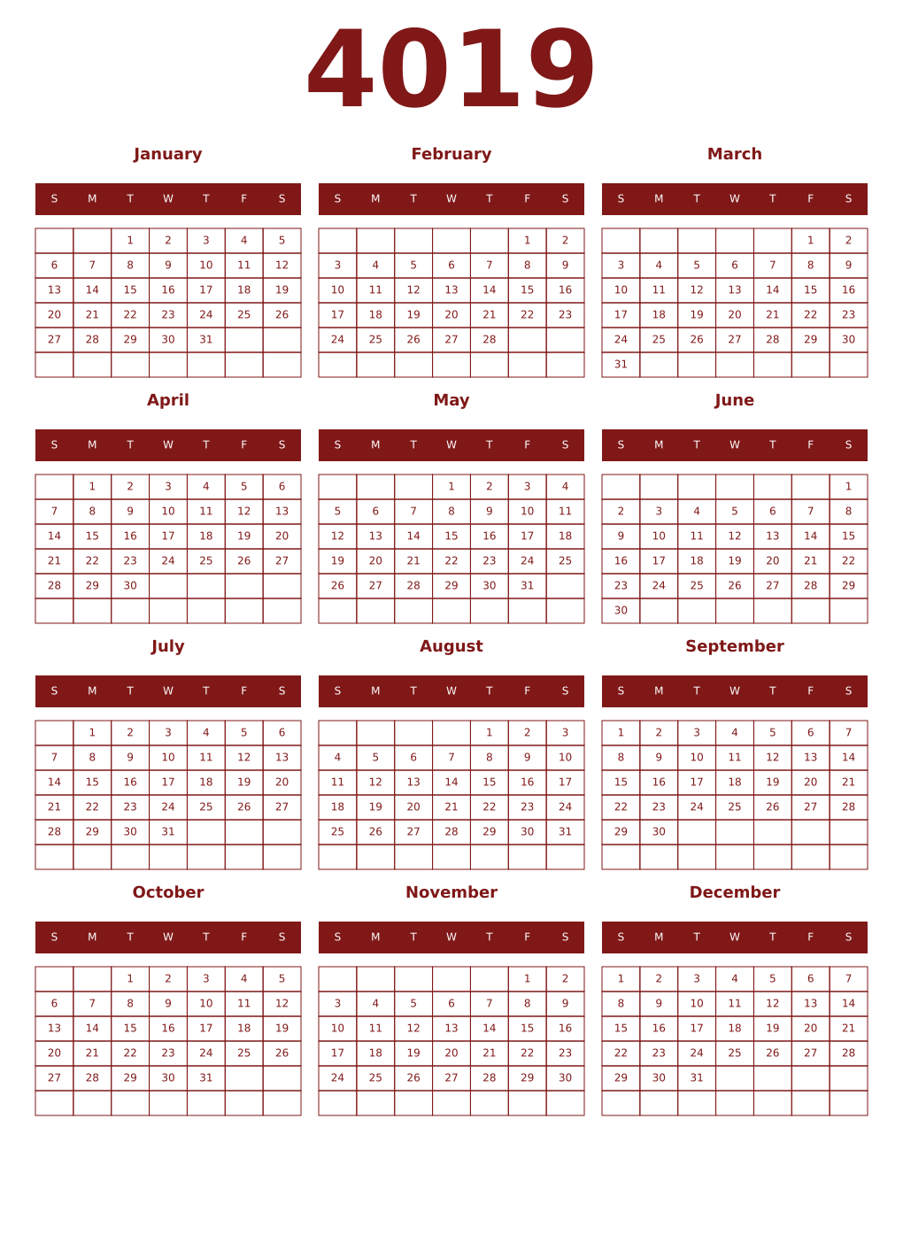 Printable 4019 Year Calendars falu