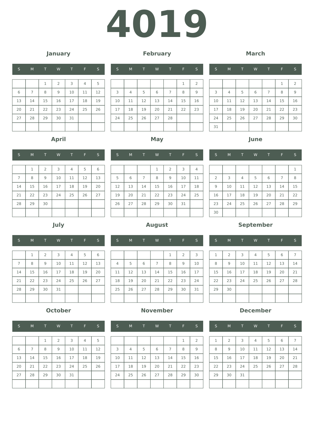 Printable 4019 Year Calendars feldgrau