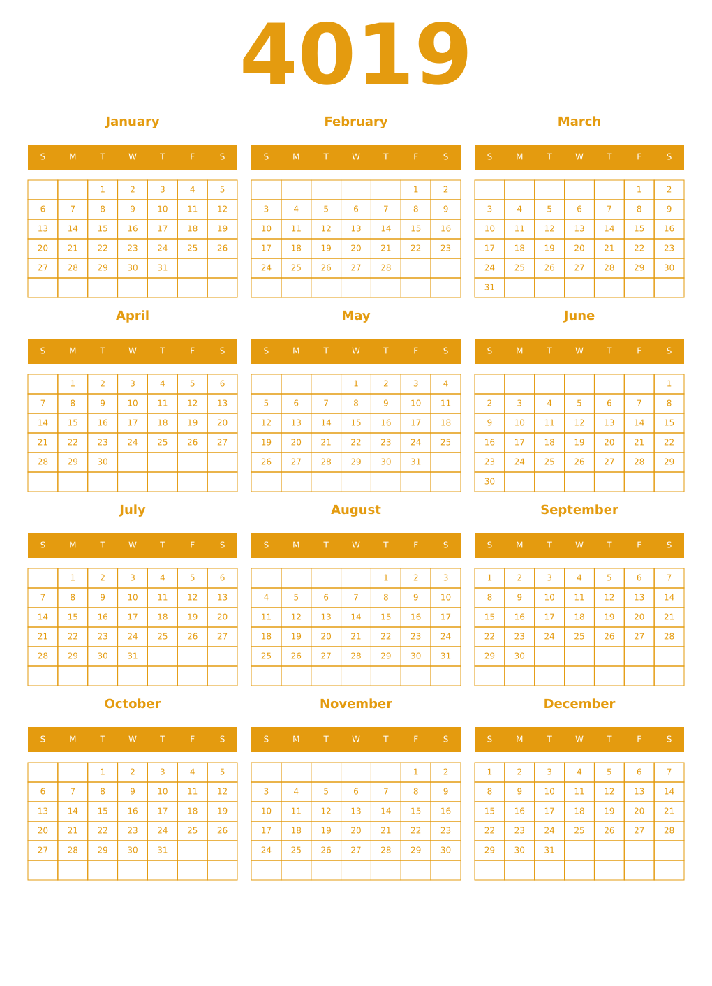 Printable 4019 Year Calendars gamboge