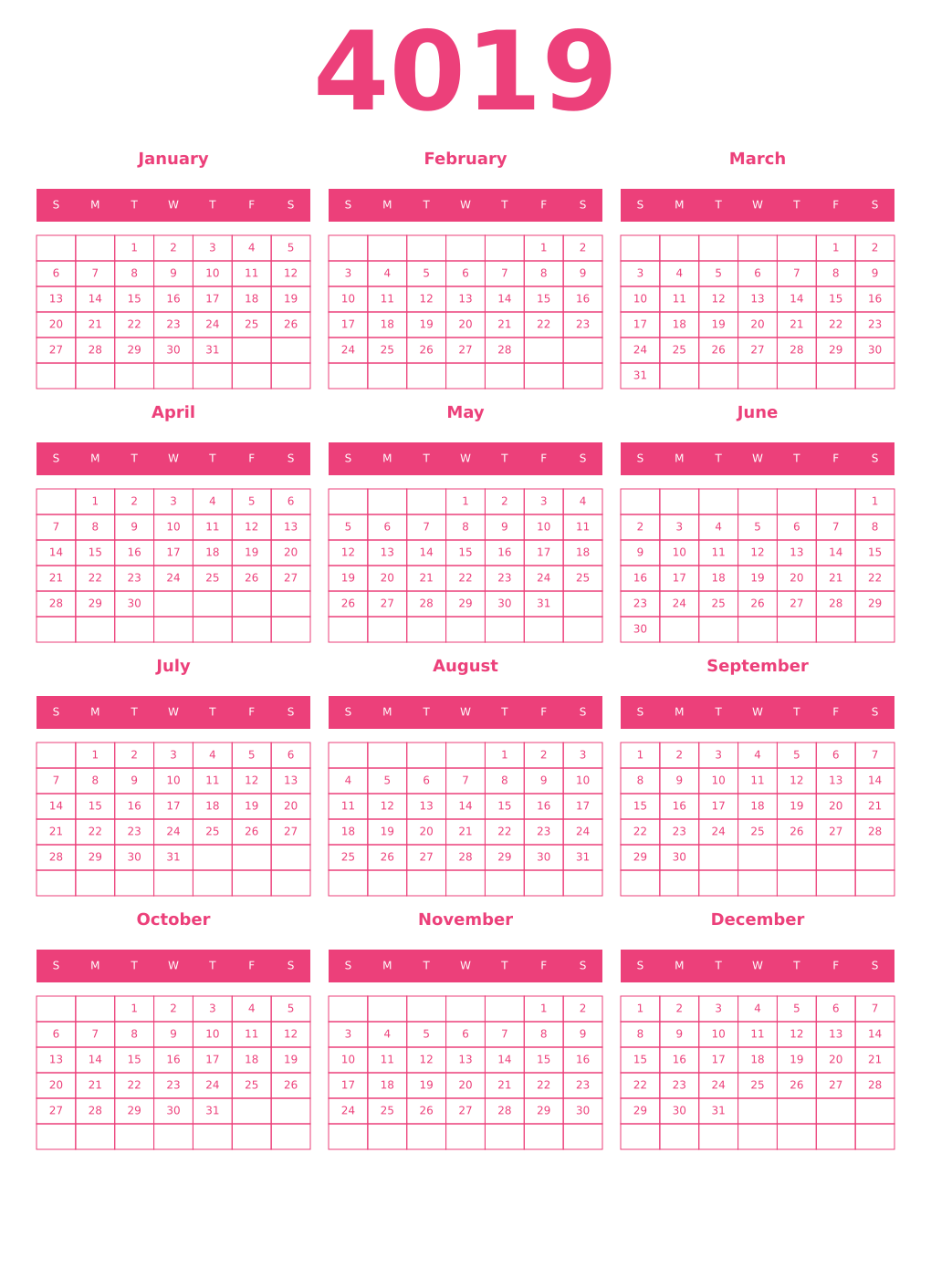 Printable 4019 Year Calendars pink