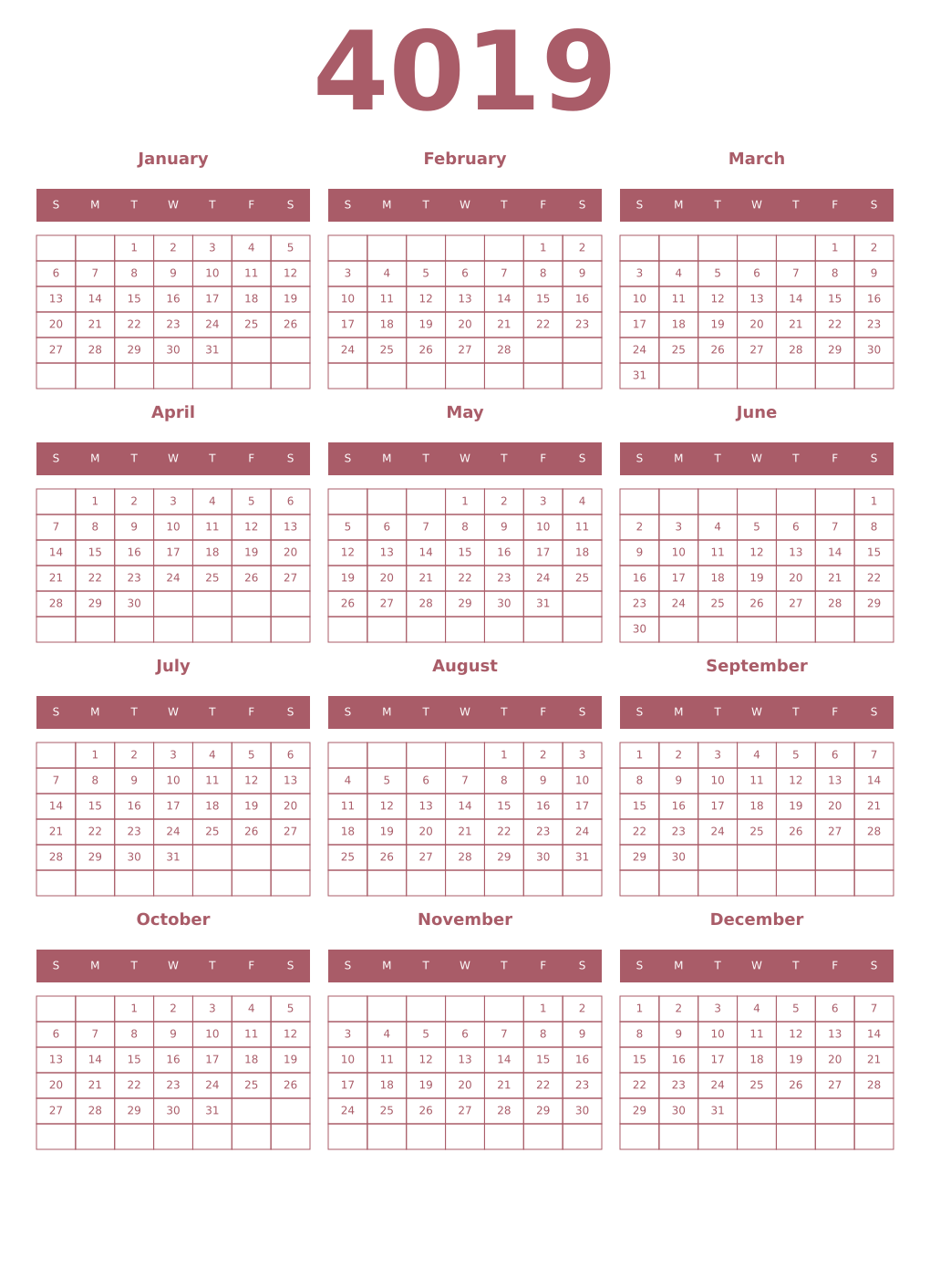 Printable 4019 Year Calendars puce
