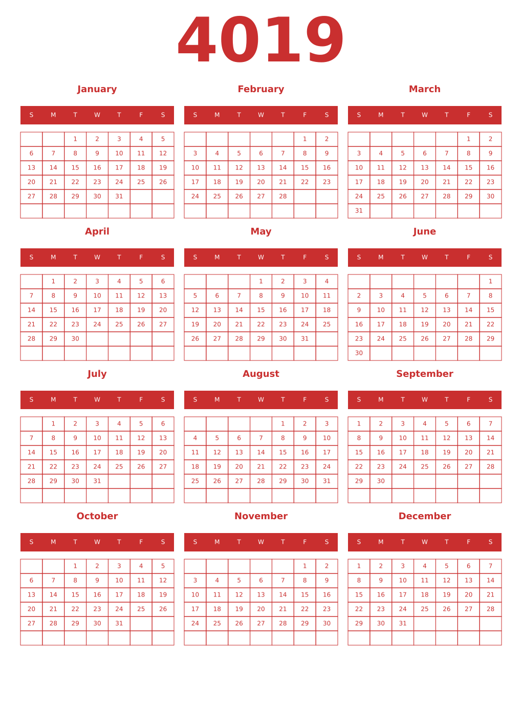 Printable 4019 Year Calendars red