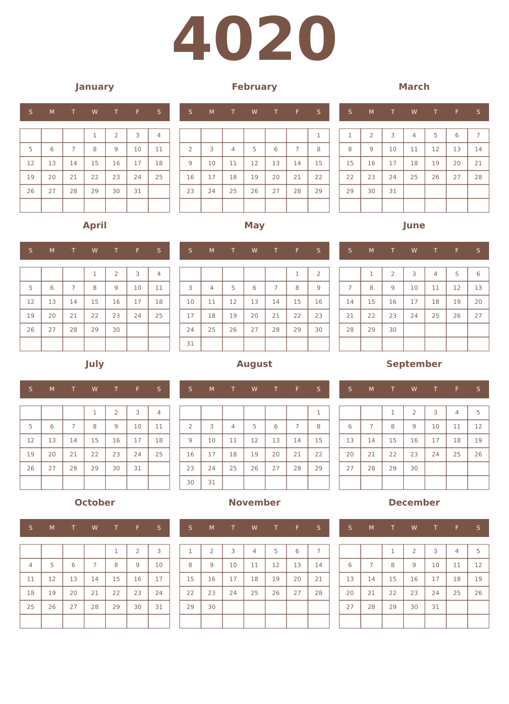 Printable 4020 Year Calendars coffe