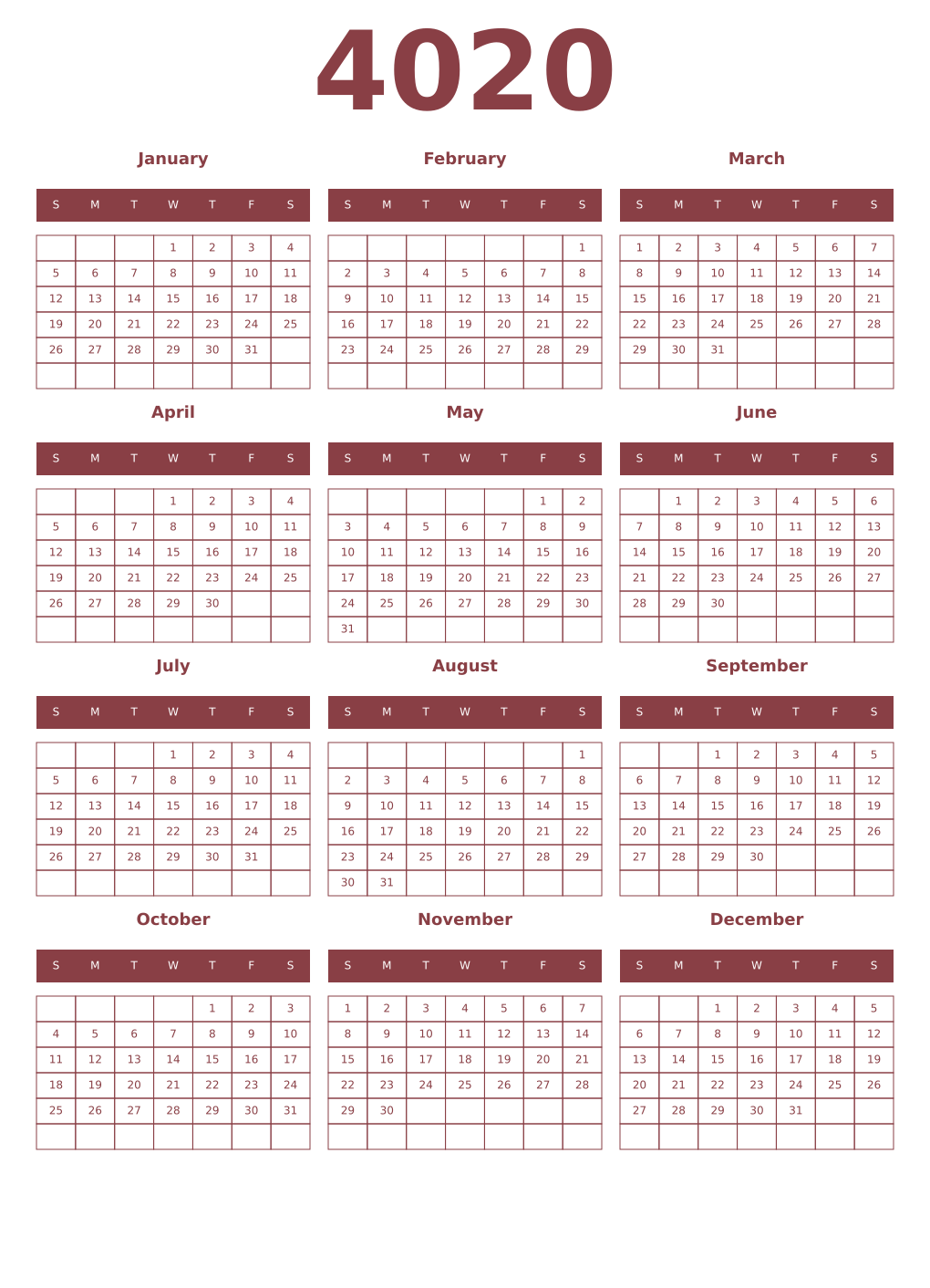 Printable 4020 Year Calendars cordovan