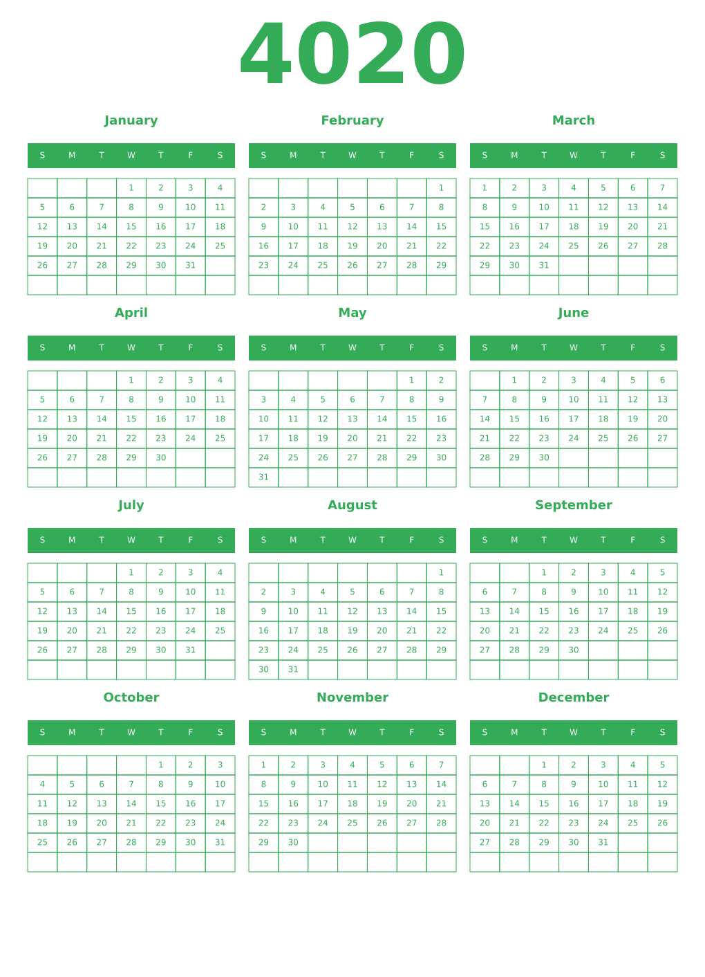 Printable 4020 Year Calendars green