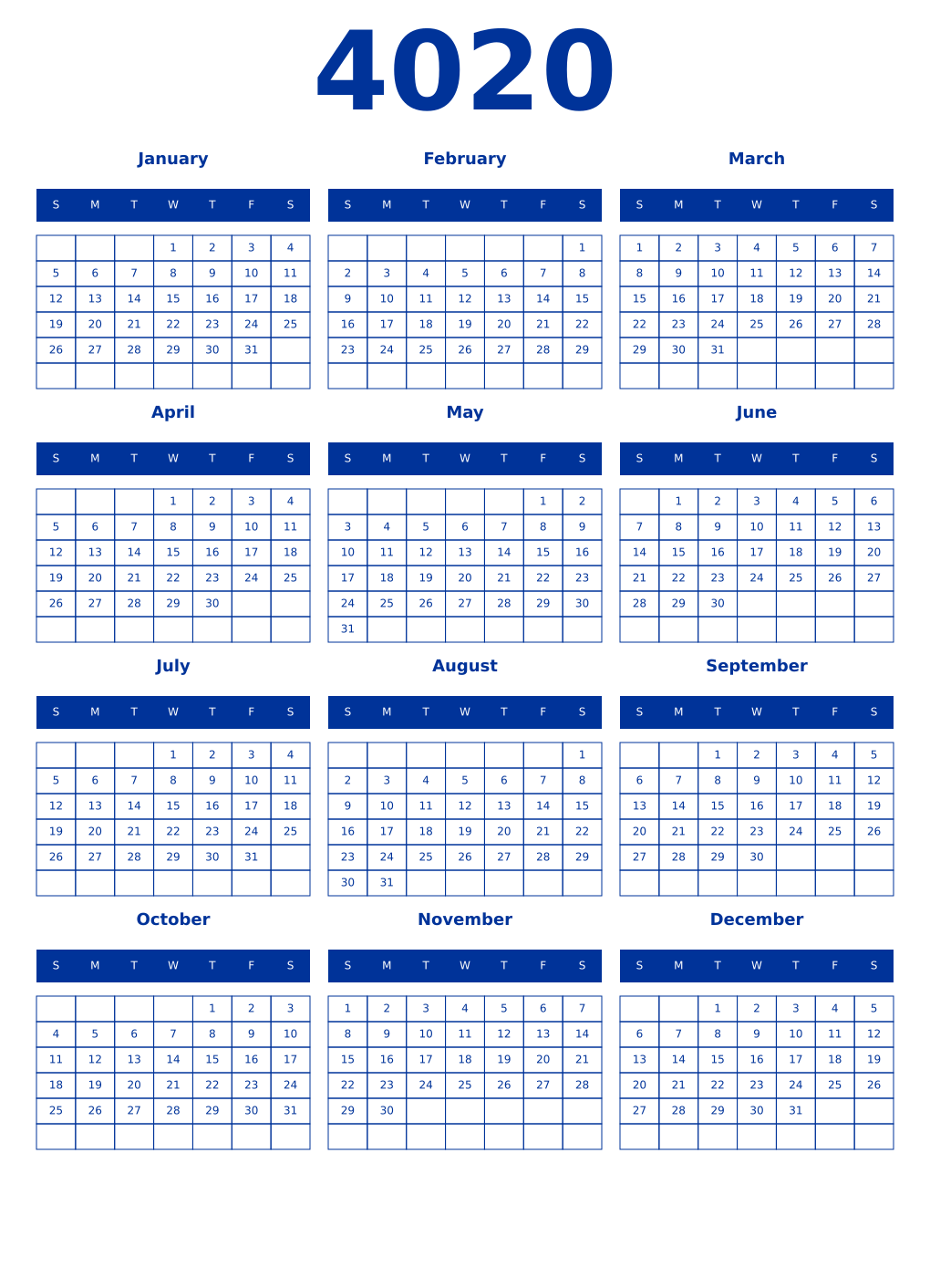 Printable 4020 Year Calendars smalt