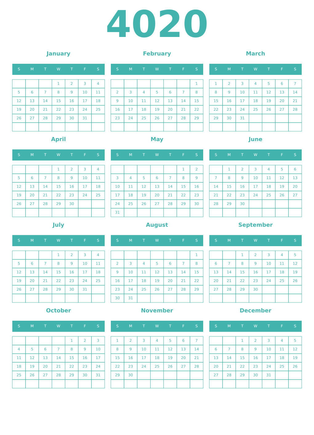 Printable 4020 Year Calendars verdigris
