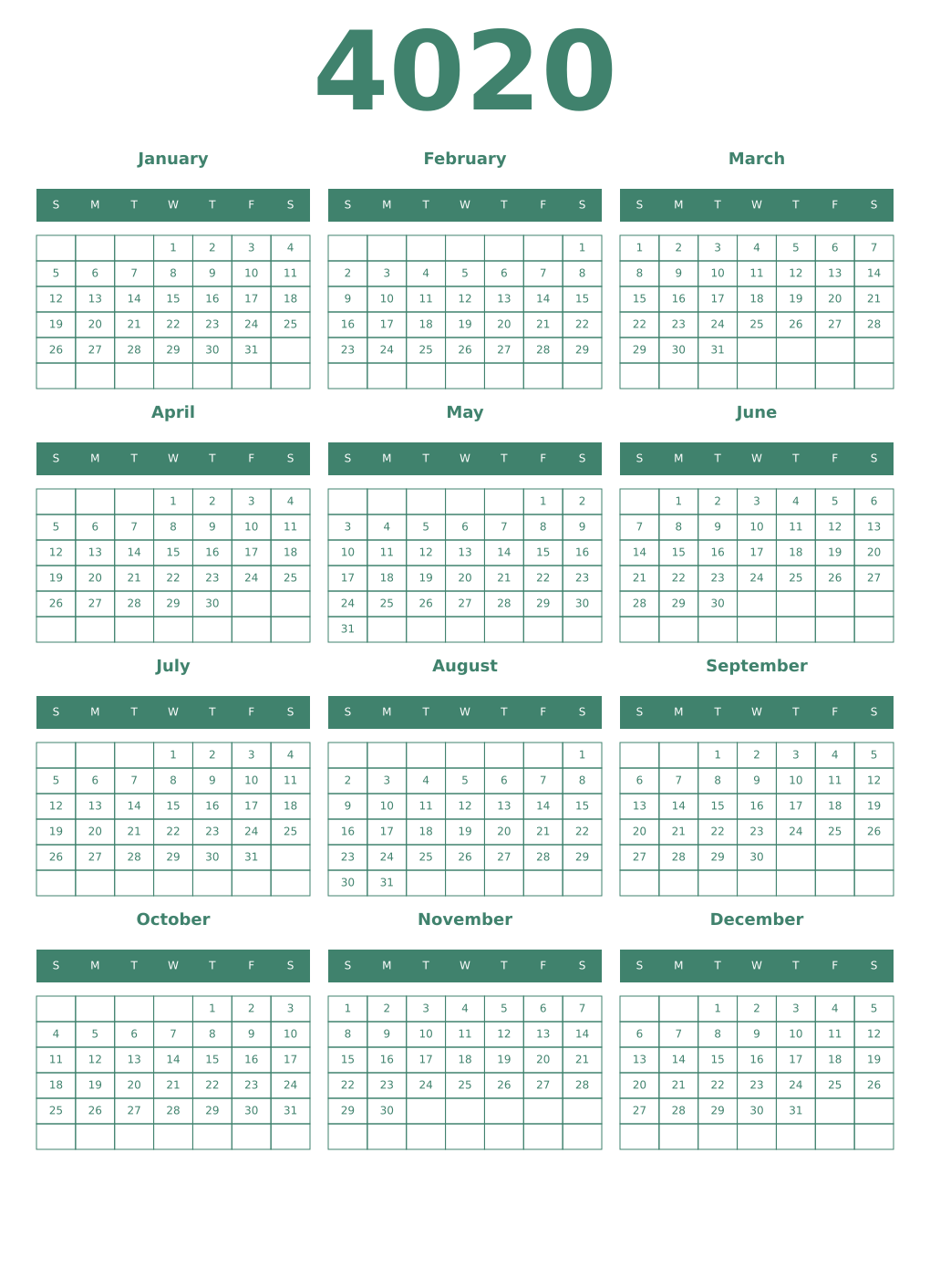 Printable 4020 Year Calendars viridian