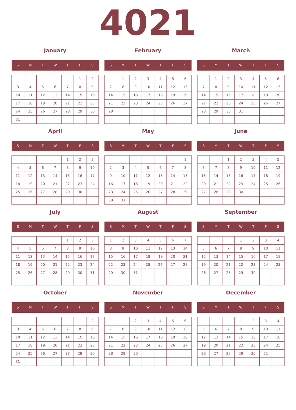 Printable 4021 Year Calendars cordovan