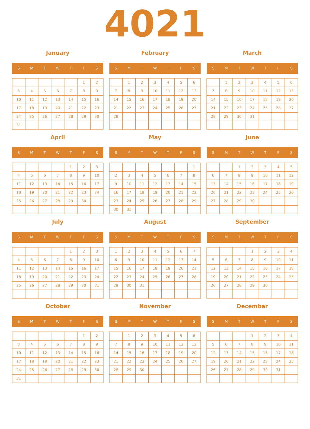 Printable 4021 Year Calendars orange