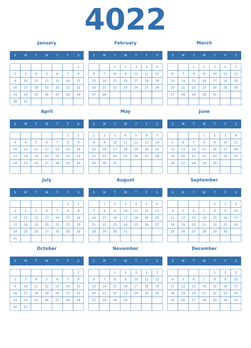 Printable 4022 Year Calendars blue