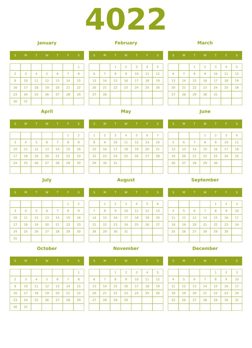Printable 4022 Year Calendars chartreuse