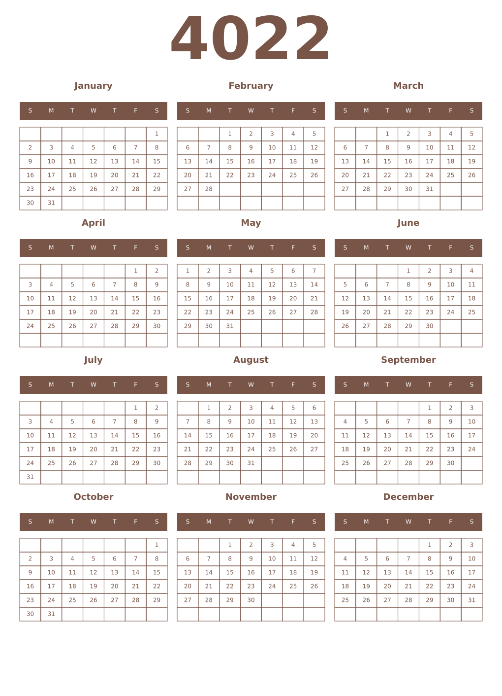 Printable 4022 Year Calendars coffe