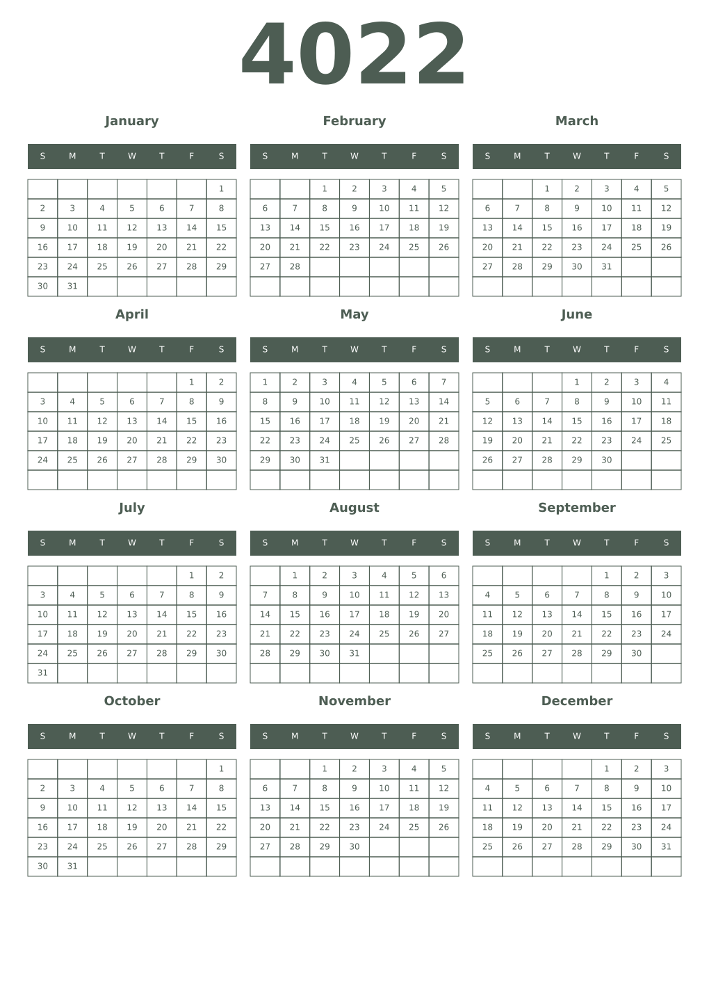 Printable 4022 Year Calendars feldgrau