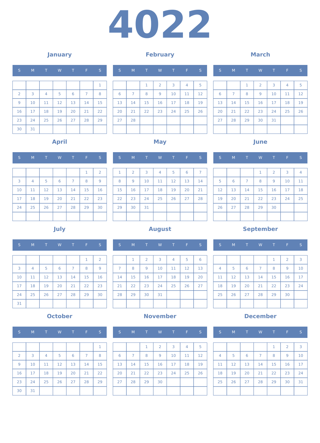 Printable 4022 Year Calendars glaucous
