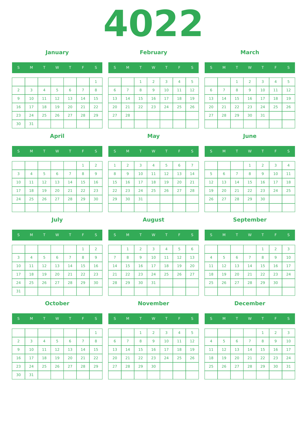 Printable 4022 Year Calendars green