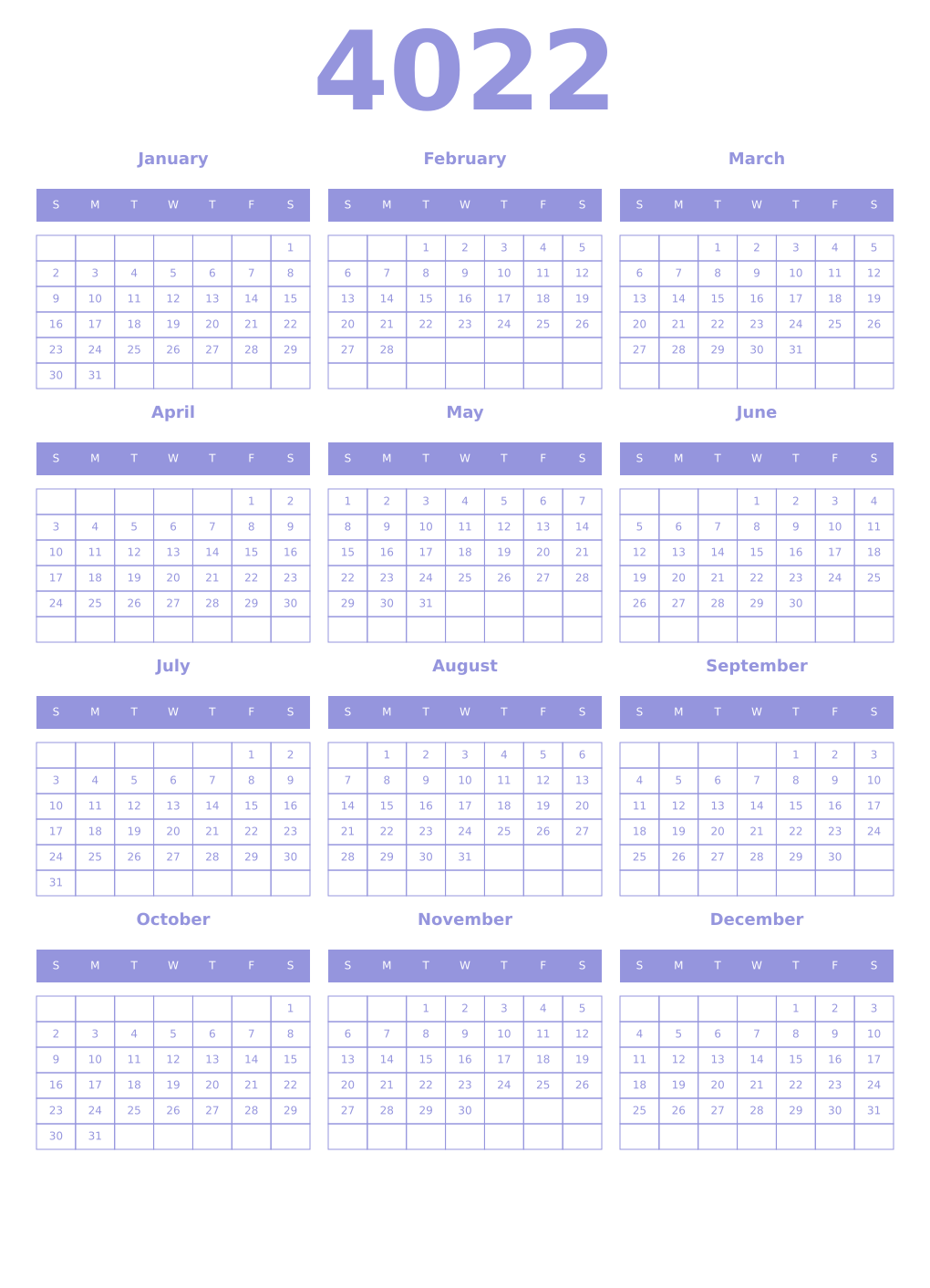 Printable 4022 Year Calendars periwinkle