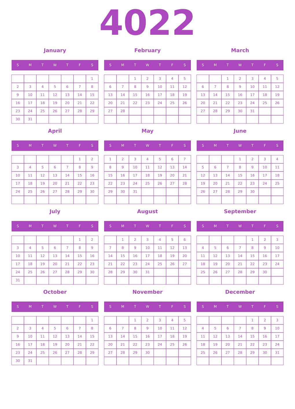 Printable 4022 Year Calendars purple