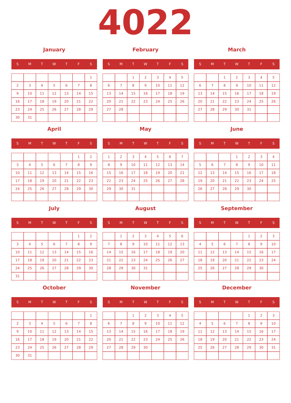 Printable 4022 Year Calendars red