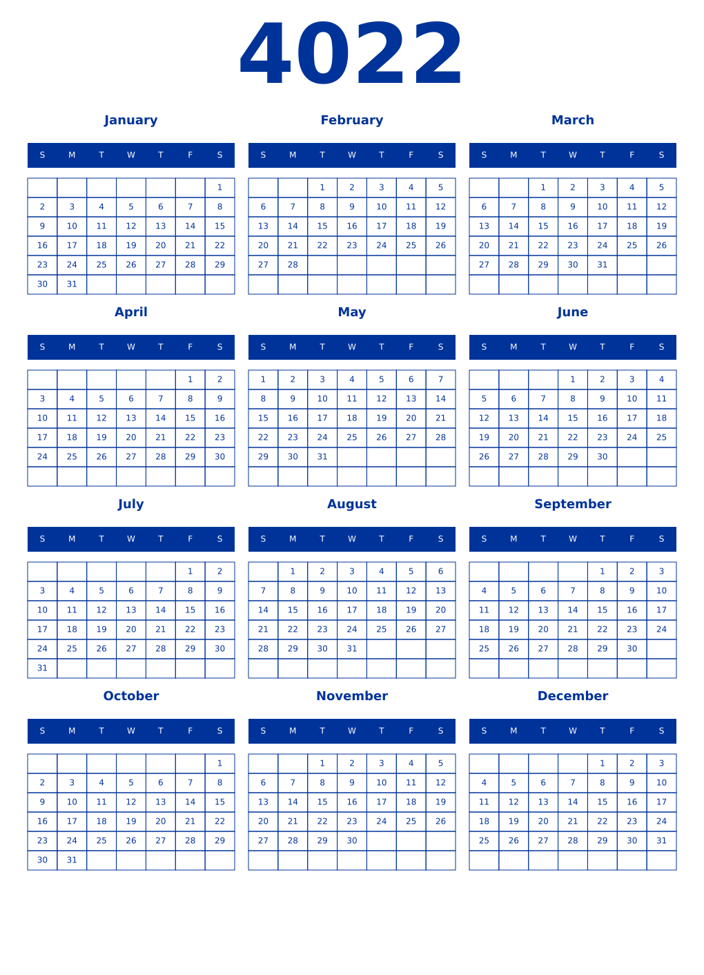 Printable 4022 Year Calendars smalt