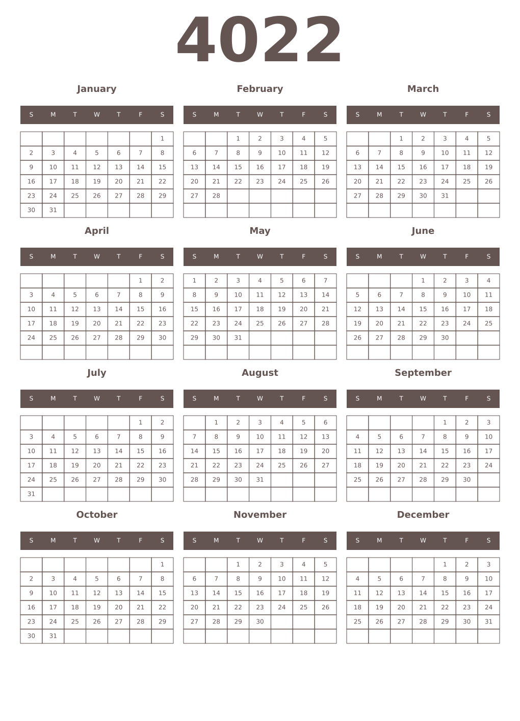 Printable 4022 Year Calendars wenge