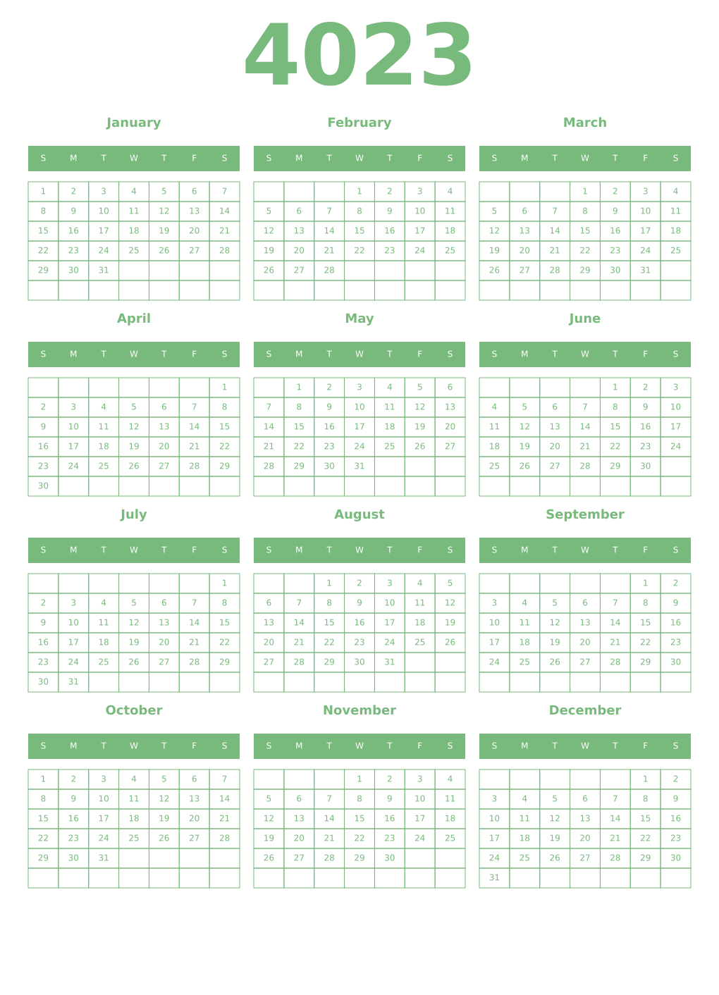 Printable 4023 Year Calendars celadon